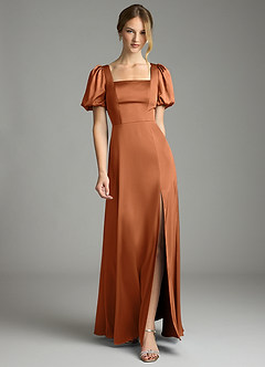 Azazie Fyona Abiti da Damigella Abito A-Line in Raso Elasticizzato Plissettato Rame image7