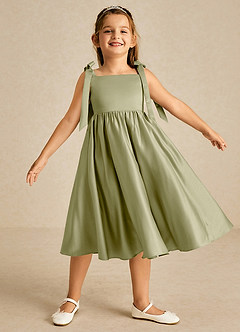 Azazie Chelsie Flower Girl Dresses Moss Green A-Line Bow Matte Satin Dress image1