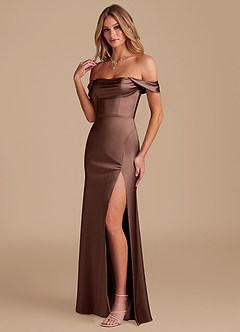 Azazie Saige Bridesmaid Dresses Espresso A-Line Off the Shoulder Metallic Satin Convertible Dress image6