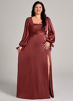 Azazie Leonia Bridesmaid Dresses Terracotta A-Line Long Sleeve Stretch Satin Dress image11
