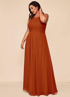 Azazie Ginger Vestidos de damas de honor Vestido de Pimenton de Gasa de Corte en A con Halter Plisado image12