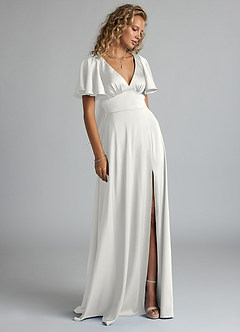 Azazie Kimber Bridesmaid Dresses White A-Line Ruched Stretch Satin Dress image4