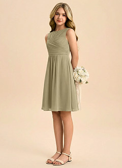 Azazie Skyla Junior Jurk van Chiffon met A-Lijn Geplooid Mosgroen image4