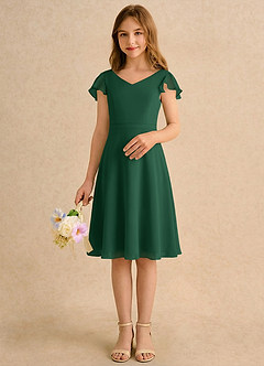 Azazie Narin Girls Formal Robe Demoiselle D'honneur Fillette Robe Trapèze en Mousseline de soie avec manches Vert Foncé image3