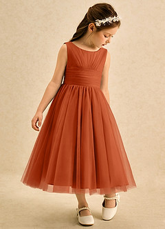 Azazie Macaron Robe Demoiselle D'honneur Fillette Robe Trapèze en Tulle Plissée Orange Brûlée image1