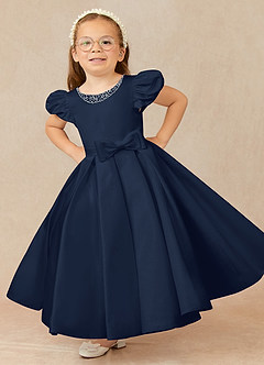 Azazie Jewel vestidos de niña de las flores Vestido de Azul Marino Oscuro de Satin Mate de Princesa con Plisado image1