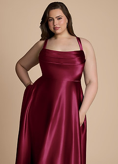 Azazie Shaude Bridesmaid Dresses Burgundy A-Line Pleated Metallic Satin Dress image10