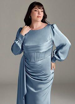 Azazie Raye Bridesmaid Dresses Dusty Blue Mermaid Long Sleeve Stretch Satin Dress image11