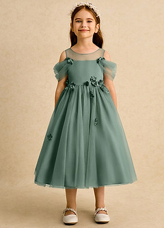 Azazie Juni Flower Girl Dresses Eucalyptus Ball-Gown Pleated Tulle Dress image5