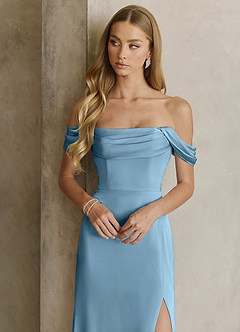 Azazie Saige Bridesmaid Dresses Steel Blue Sheath Off the Shoulder Stretch Satin Dress image2