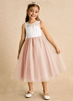 Azazie Lina Jurken voor bloemenmeisjes Baljurk Jurk van Kant Ivoor Engelse Roos image2