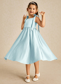 Azazie Chelsie Flower Girl Dresses Sea Glass A-Line Bow Matte Satin Dress image3
