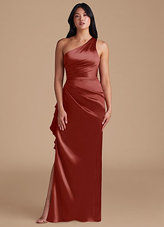 Azazie Latrice Jurken voor bruidsmeisjes Jurk van Metaalachtig Satijn met Kolom One-Shoulder Terracotta image2