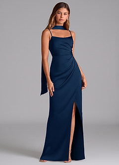 Azazie Calandra Robes de demoiselle d'honneur Robe Trapèze en Satin extensible Plissée Bleu Marine Foncé image3