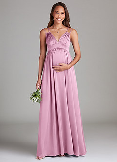 Azazie Emree Maternity Bridesmaid Dresses A-Line Stretch Satin Floor-Length Dress with Pockets image1