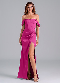 Azazie Asha Jurken voor bruidsmeisjes Converteerbaar Jurk van Stretch Satijn met Kolom Off the Shoulder Fuchsia image1