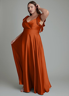 Azazie Leilani Bridesmaid Dresses Burnt Orange A-Line Ruched Stretch Satin Dress image5