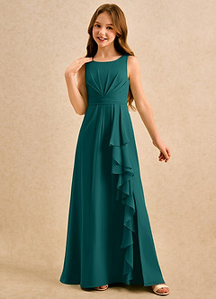 Azazie Chibi Girls Formal Abiti da Ragazza di Fiori Abito A-Line in Chiffon Plissettato Verde Pavone image4