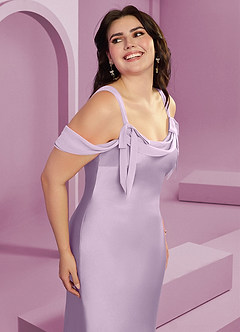 Barbie ♥ Azazie Bridesmaid Dresses Frosted Lilac Sheath Pleated Stretch Satin Dress image14