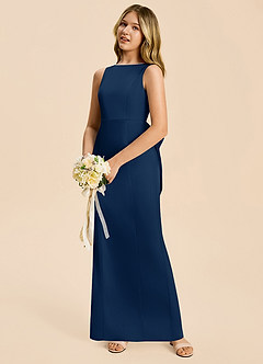Azazie Emi Junior Dark Navy Sheath Bow Stretch Satin Dress image2