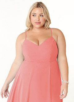 Azazie Clarissa Bridesmaid Dresses Coral A-Line V-Neck Chiffon Dress image11