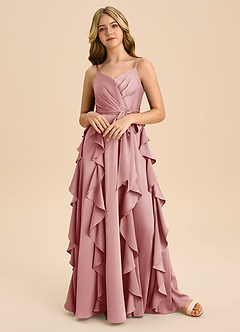 Azazie Peyton Junior Robe Trapèze en Satin extensible Plissée Rose Poussiéreuse image4