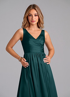 Azazie Keyla Final Sale Pine A-Line Pleated Stretch Satin Dress image2