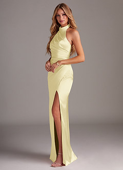 Azazie Jemma Bridesmaid Dresses Lemon Sorbet Sheath Pleated Stretch Satin Dress image5