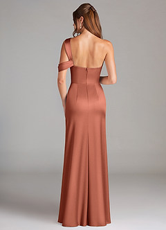 Azazie Wynter Bridesmaid Dresses Clay Sheath Off the Shoulder Stretch Satin Dress image2