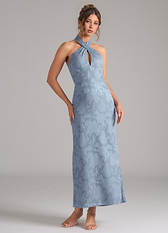 Azazie Marlissa At-home Try On Dresses Dusty Blue Sheath Pleated Floral Burnout Dress image5