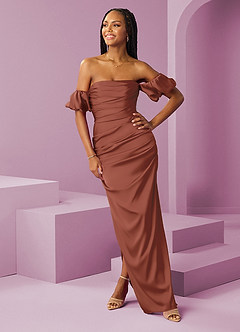 Barbie ♥ Azazie Bridesmaid Dresses Auburn Sheath Off the Shoulder Stretch Satin Convertible Dress image3