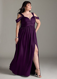 Azazie Lianne Bridesmaid Dresses Grape A-Line Off the Shoulder Stretch Satin Dress image12