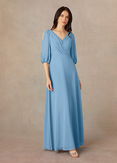 Azazie Bronwyn Mother of the Bride Dresses Steel Blue A-Line V-Neck Ruched Chiffon Dress image2