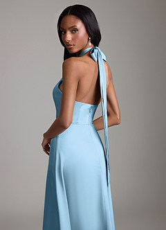 Azazie Tracie Bridesmaid Dresses Steel Blue A-Line Side Slit Stretch Satin Dress image6