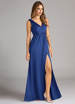 Azazie Tanicia Bridesmaid Dresses Royal Blue A-Line Pleated Stretch Satin Dress image4