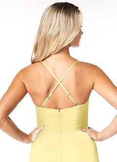 Azazie Marzia Vestidos de damas de honor Vestido de Sorbete De Limón de Satén Elástico de Corte Recto con Cuello V Plisado image3
