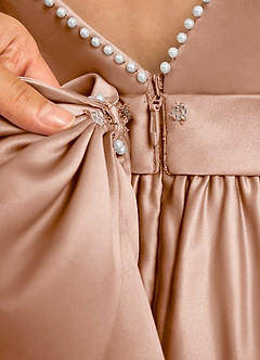 Azazie Dumpling Flower Girl Dresses Champagne Rose A-Line Bow Matte Satin Dress image7