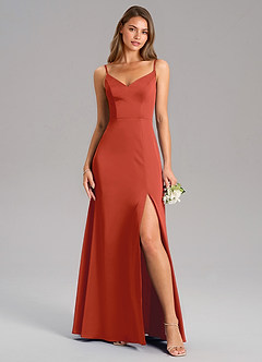 Azazie Talina Robes de demoiselle d'honneur Robe Trapèze en Satin extensible Rouille image5