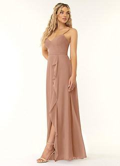 Azazie Naeem Robes de demoiselle d'honneur Robe Trapèze en Mousseline de soie Col V à volants Champagne Rosé image3