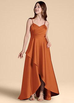 Azazie Prisha Junior Cinnamon A-Line Pleated Stretch Satin Dress image4