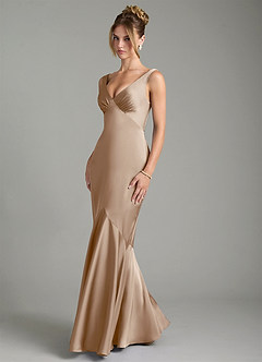 Azazie Alena Bridesmaid Dresses Taupe Mermaid Pleated Stretch Satin Dress image5