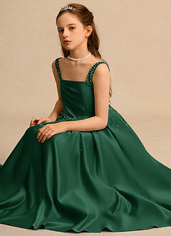 Azazie Mochi Girl Jurken voor bloemenmeisjes Baljurk Jurk van Mat Satijn Geplooid Donkergroen image3