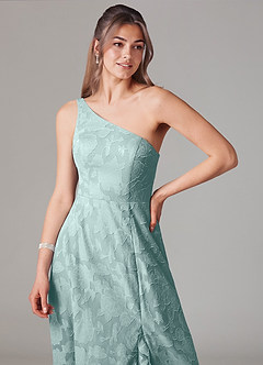 Azazie Ellianna 신부 들러리 드레스 A라인 한쪽 어깨 플로럴 번아웃 바닥 길이 드레스 image5