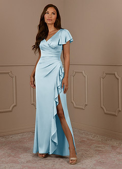 Azazie Roya Mother of the Bride Dresses Sky Blue Mermaid V-Neck Pleated Stretch Satin Dress image1