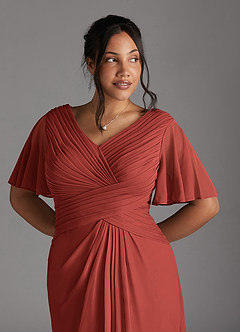 Azazie Emmeline Mother of the Bride Dresses Terracotta A-Line V-Neck Pleated Mesh Dress image9