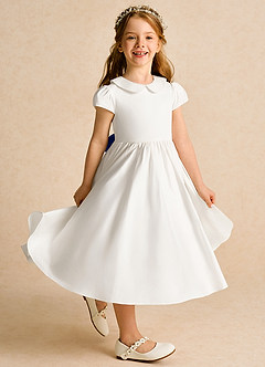 Azazie Deary Flower Girl Dresses Ivory Royal Blue A-Line Bow Cotton Dress image3