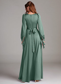 Azazie Leonia Bridesmaid Dresses Eucalyptus A-Line Long Sleeve Stretch Satin Dress image2