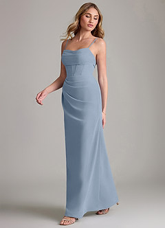 Azazie Mai Vestidos de damas de honor Vestido de Azul Polvoriento de Gasa de Corte Recto con Plisado image4