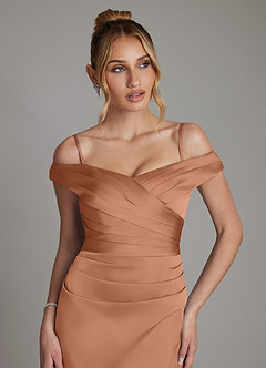 Azazie Teyana Bridesmaid Dresses Bronzer Sheath Off the Shoulder Stretch Satin Dress image3
