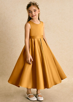 Azazie Junebuj Flower Girl Dresses Butterscotch Ball-Gown Pleated Matte Satin Dress image5